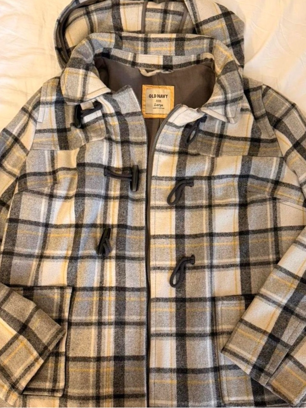 Old Navy Gray and Cream Plaid Hooded Toggle Jacket with Yellow Accents
